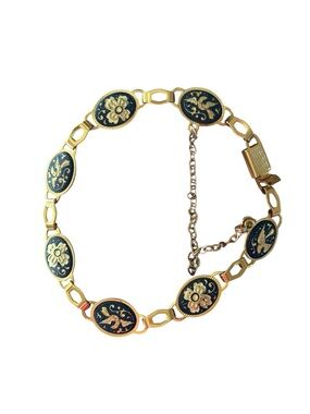 Vintage Gold-Tone Black Enamel Oval Floral and Bird Link Bracelet
